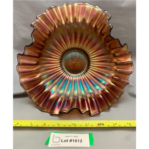 Fenton Amethyst Carnival Glass Stippled Rays Tri-Corner Footed Crimped Edge Centerpiece