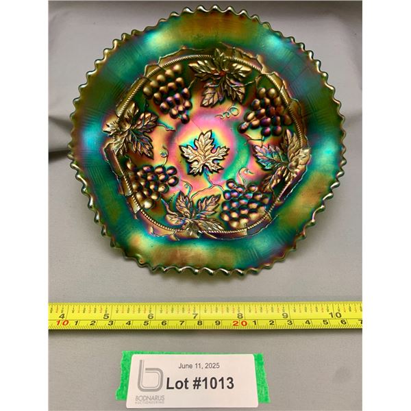 Northwood Green Carnival Glass Grape & Cable Ruffled Bowl Circa 1909