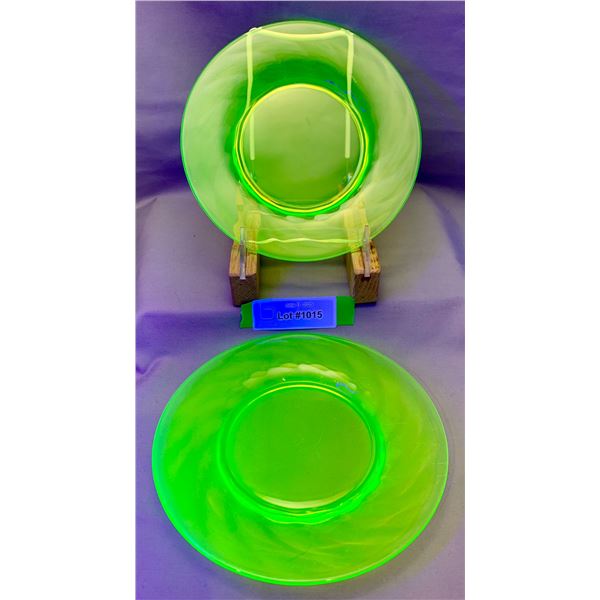 (2) Victorian Era Uranium Glass 7 1/8" Swirl Pattern Dessert Plates Circa 1890's