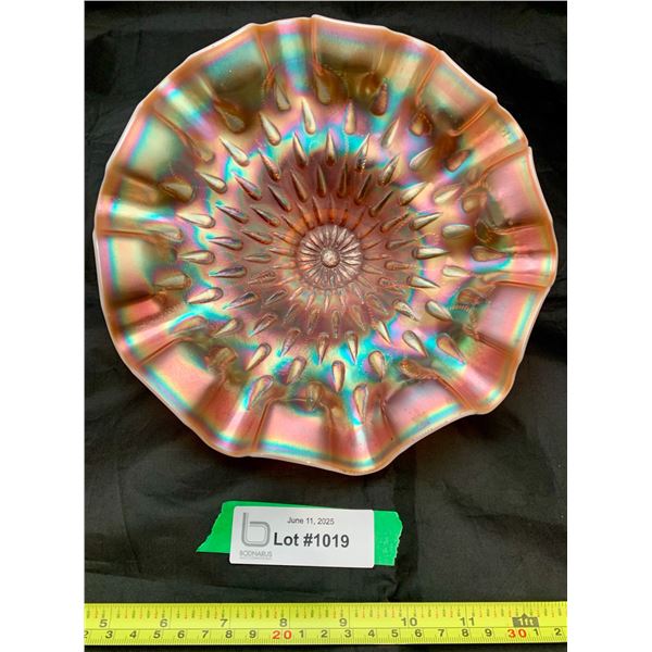 Dugan "Raindrops" Peach Opal Carnival Glass Scalloped Pedestal Bowl 1910