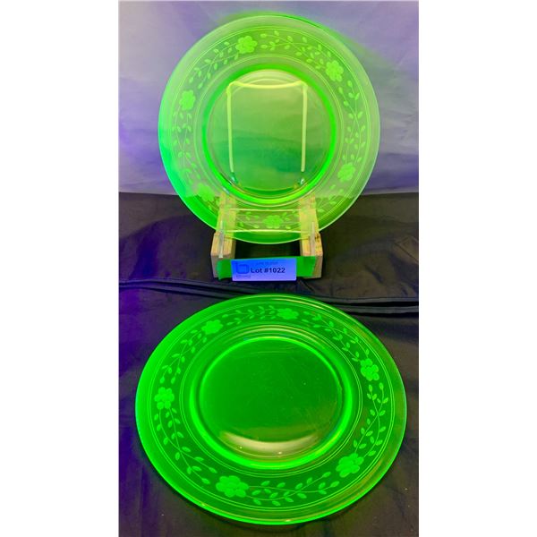 (2) Victorian Era Uranium Glass 8 1/2" Wheel Cut Floral Dinner Plates Circa 1890's