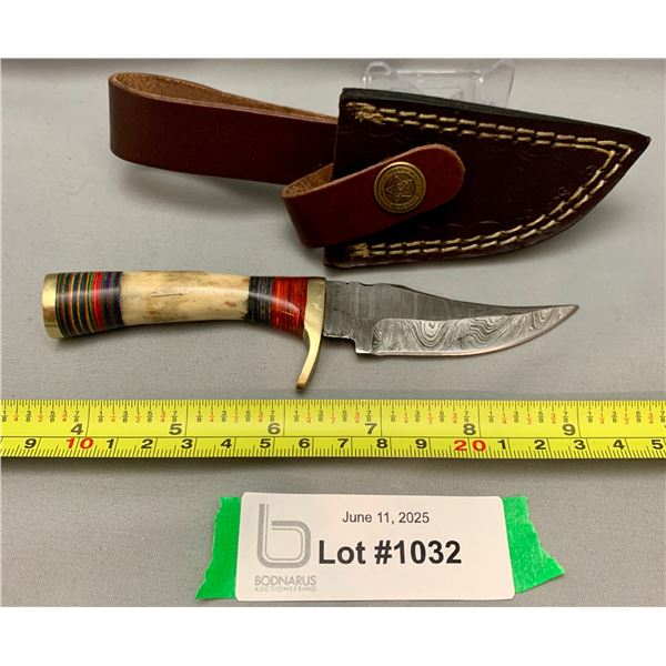 Custom Handmade Damascus Steel Antler Handle Skinner Knife & Scabbard - New
