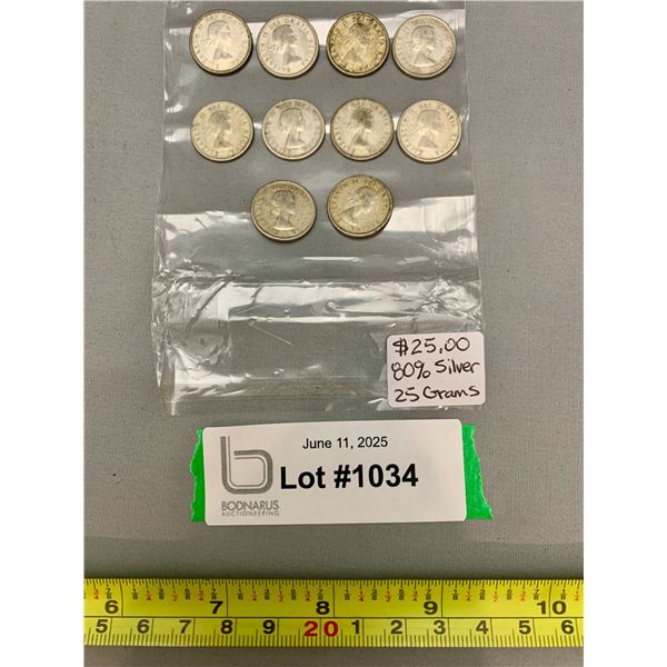 (10) Pre-1964 80% Silver Canadian Dimes - 25 Grams Total Weight