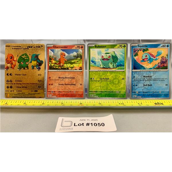 (4)Pokemon Charmander, Bulbasaur, Squirtle Rev Holo Cards & BONUS Gold Foil - Authentic