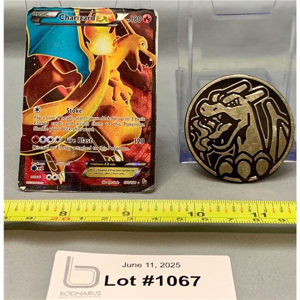 (2)Pokemon Charizard EX Full Art HP Holo Card & Charizard Game Coin - Authentic