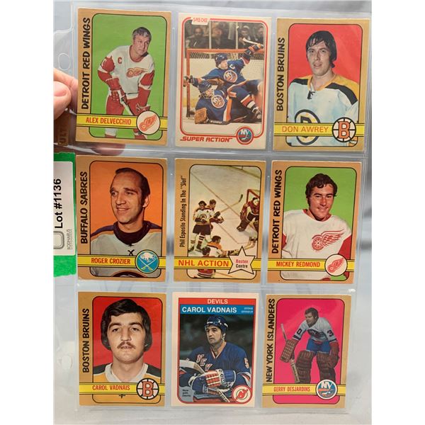 (9) High Quality Vintage OPC Hockey Cards: Delvecchio; Crozier; Vadnais; Awrey