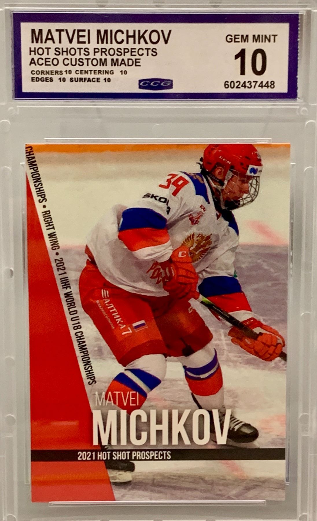 2021 ACEO Matvei Michkov Graded 10 Gem Mint Hotshot Prospects Rookie Hockey Card - Bodnarus Auctioneering 2021 ACEO Matvei Michkov Graded 10 Gem Mint Hotshot Prospects Rookie Hockey Card - Bodnarus Auctioneering