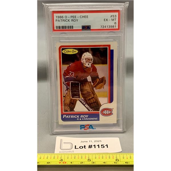 1986 OPC #53 Patrick Roy Rookie Card PSA 6 Graded HABS Hockey Card Rare - Bodnarus Auctioneering 1986 OPC #53 Patrick Roy Rookie Card PSA 6 Graded HABS Hockey Card Rare - Bodnarus Auctioneering