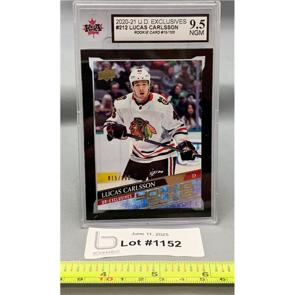 2020 U.D. Exclusives Lucas Carlsson #15/100 Young Guns RC KSA 9.5 Hockey Card