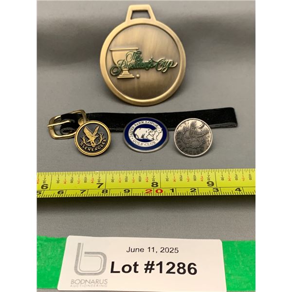 (5) Vintage & Rare Golf Ball Markers & Brass Golf Bag Membership Tag
