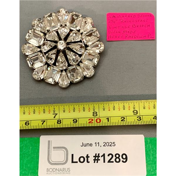 Vintage High Quality 2 1/4" Rhinestone Rhodium Plated Brooch - Marked Reinad