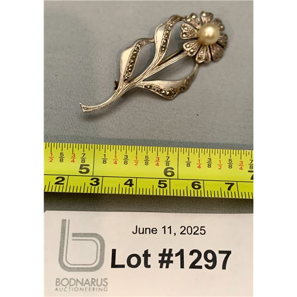 Vintage Designer Sterling Silver Marked "Danecraft" Faux Pearl / Marcasite Stones Brooch