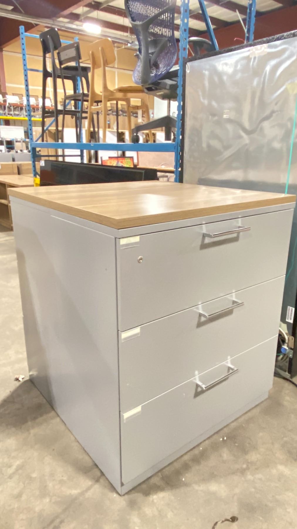 2 STEELCASE GREY METAL 3 DRAWER STORAGE FILE CABINETS WITH NATURAL WOOD ...