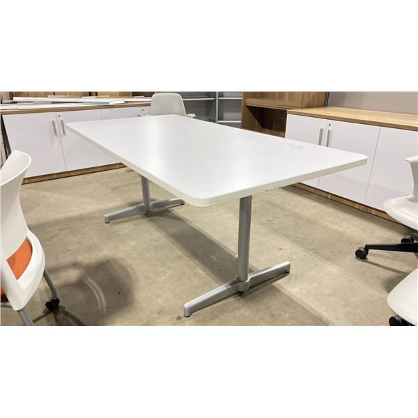 WHITE RECTANGULAR 6'W X 36"D X 28 1/2"H CONFERENCE / BOARDROOM TABLE WITH GREY LEGS