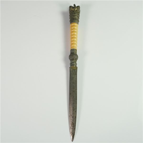 Ornate Iron Letter Opener with Ribbed Handle and Crown Pommel