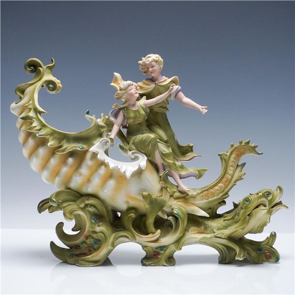 Art Nouveau Porcelain Centerpiece with Sea Nymphs in Nautical Shell Vessel