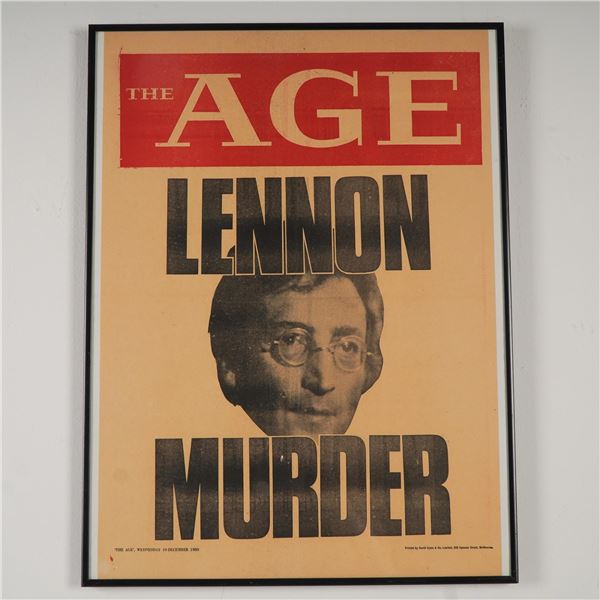The Age Newspaper Front Page Framed, Lennon Murder December 10, 1980