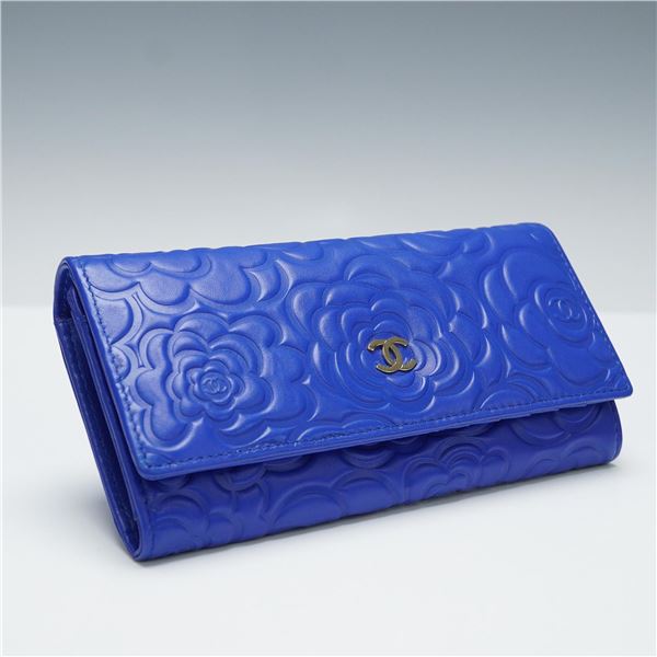 Chanel Camellia Embossed Blue Leather Wallet with Box & Pouch