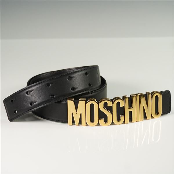 Moschino Designer Black Leather Buckle Logo Belt