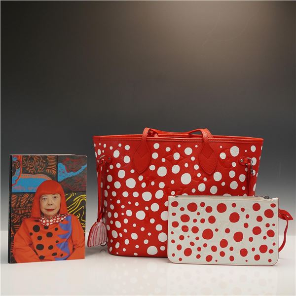 3pc Louis Vuitton x Yayoi Kusama Neverfull Tote Set with Book and Clutch