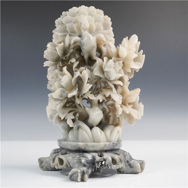 Chinese Soapstone Carving of Peacock and Peonies