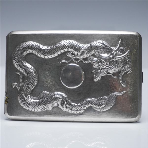 Chinese Silver Cigarette Case with Dragon Relief