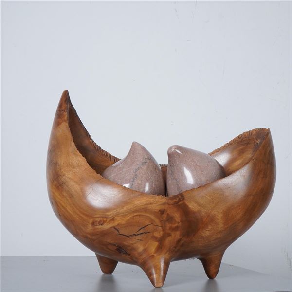 William Reed, One-of-a Kind Hand-Carved Marble Stones w/ Wooden Bowl Signed