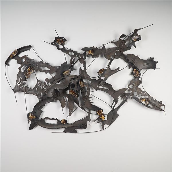 Mid-Century Modern Brutalist Welded Metal Wall Sculpture, Signed
