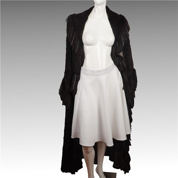 Vintage-Style Full-Length Brown Fur & Leather Fringe Drape Coat