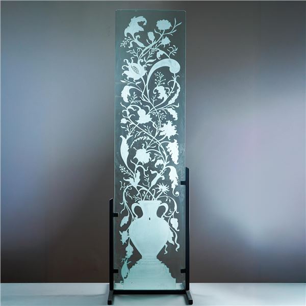 Art-Deco Style Signed Etched Glass Panel Floral Urn Design