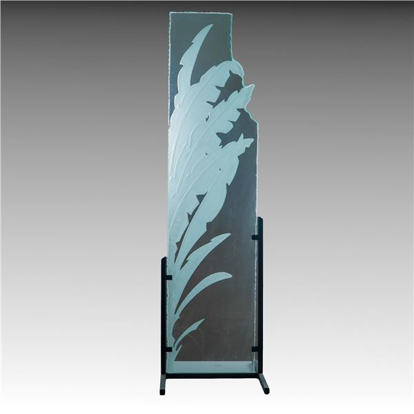 Signed Modernist Etched Glass Panel with Leaves Motif