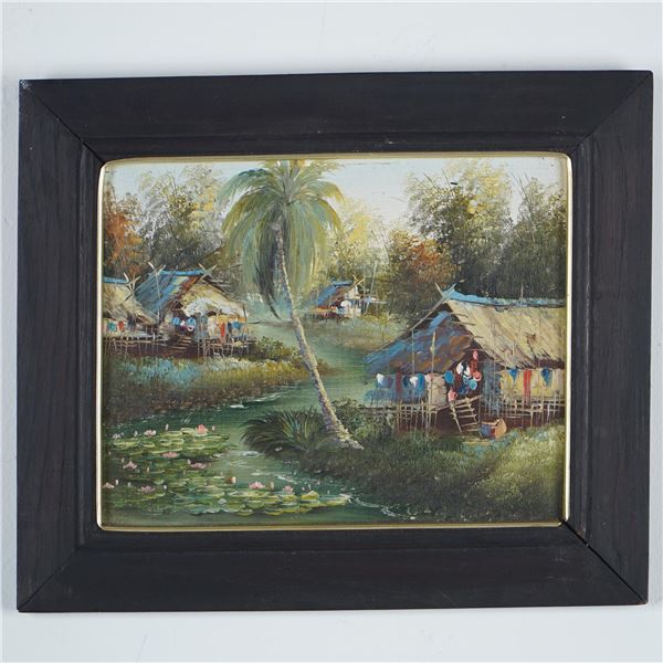 Oil on Board Painting, Thai Riverside Village Scene in Wood Frame