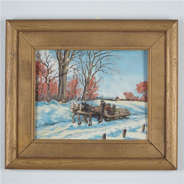 Winter Sleigh Ride Oil on Board Painting, Signed Stevens