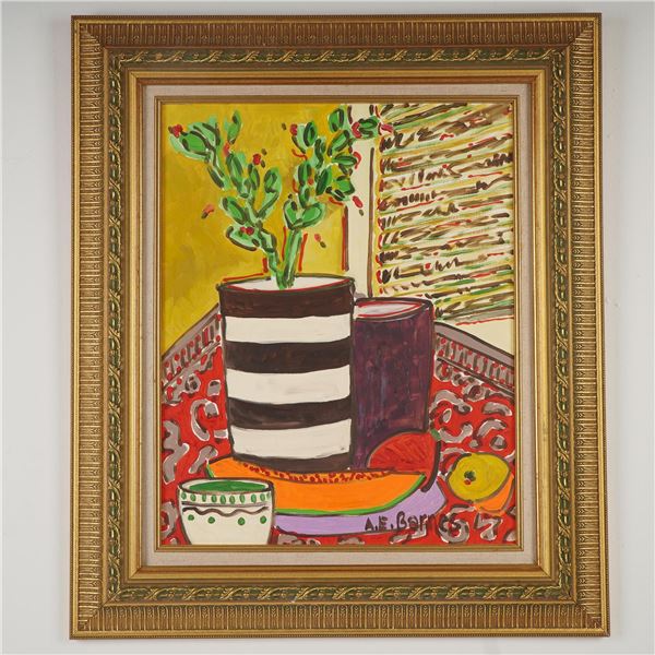 A.E. Barnes Framed Still Life Painting with Fruit and Striped Vase