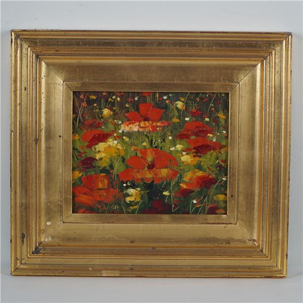 Impasto Oil on Canvas Painting in Gilt Frame, Poppies Field