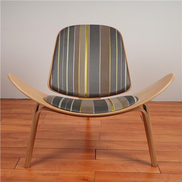 Hans Wegner Style Bentwood Shell Chair with Striped Upholstery