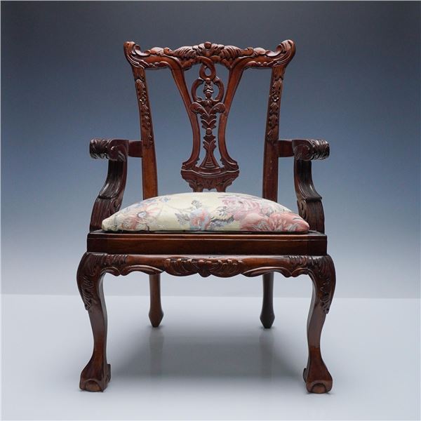 Miniature Carved Wood Children's Armchair with Floral Upholstery