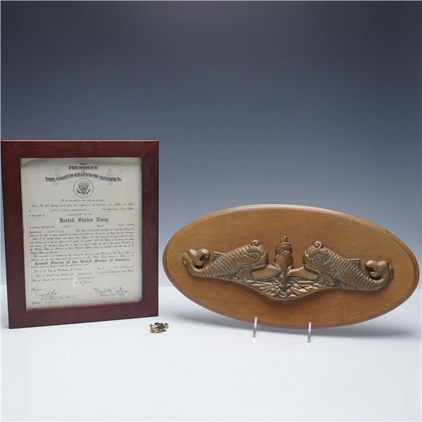 3pc U.S Navy Framed Navy Commission, Submarine Plaque, and Anchor Pin