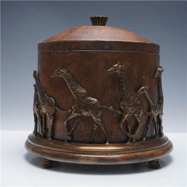 African Style Wood and Leather-Finish Storage Box with Giraffe Motif