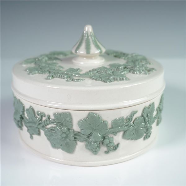 Wedgwood Embossed Queens Ware Lidded Box, Green Grapevine Relief