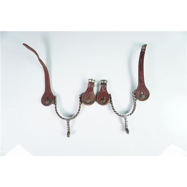 Pair of Twisted Steel Western Riding Spurs with Leather Straps