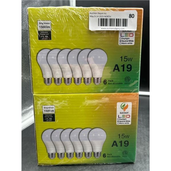 Set of 12 LED Light Bulbs, 15W A19, Non-Dimmable, 1500 Lumens