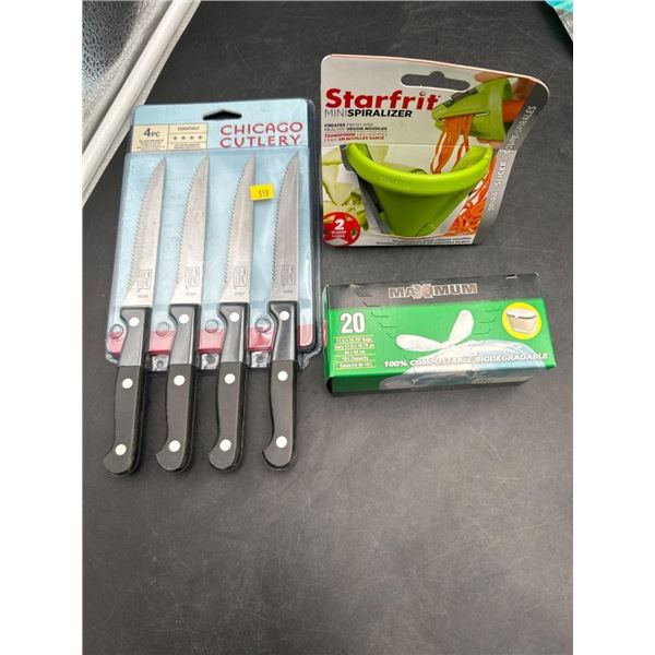Chicago Cutlery Knives, Starfrit Mini Spiralizer, and Compostable Maximum Bags