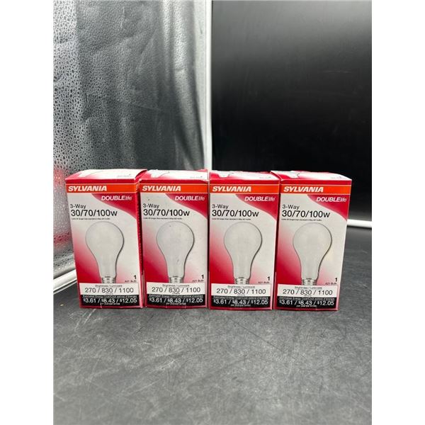 Sylvania Double Life 3-Way 30/70/100W A21 Light Bulbs, Lot of 4