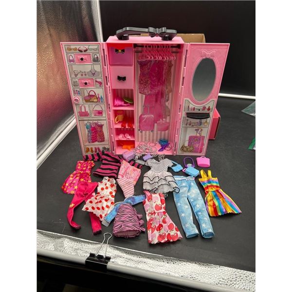 Pink Doll Closet With Accessories and Assorted Clothing