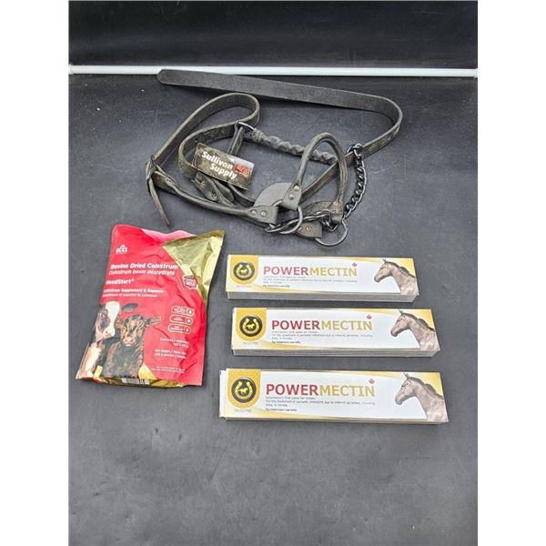 Equine Supplement and Veterinary Supplies Lot with Headstall