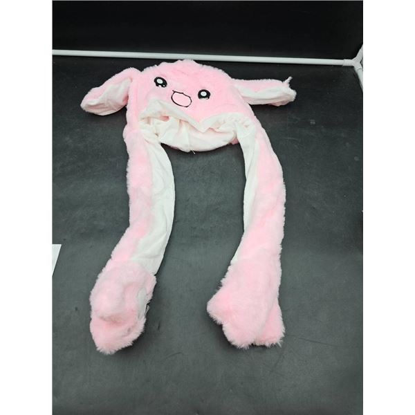 Pink Plush Bunny Hat with Long Ears and Heart Details, Ears Flap when button depressed