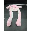 Image 1 : Pink Plush Bunny Hat with Long Ears and Heart Details, Ears Flap when button depressed