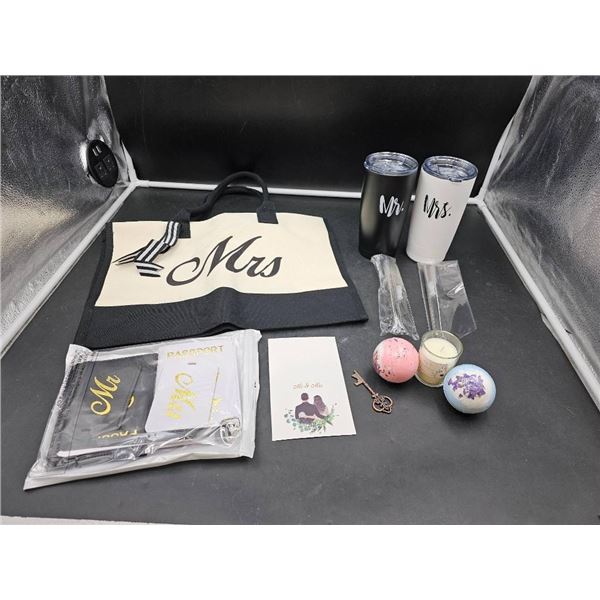 Mr and Mrs Gift Set with Tumblers, Tote, Passport Covers, and Accessories