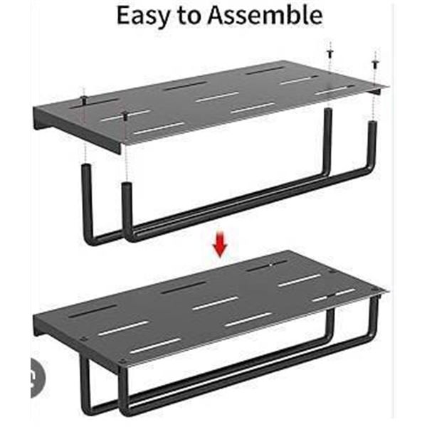 One Black Wall-Mounted Storage Rack with Perforated Shelf and Bar